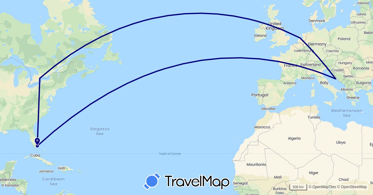 TravelMap itinerary: driving in Canada, Croatia, Netherlands, United States (Europe, North America)